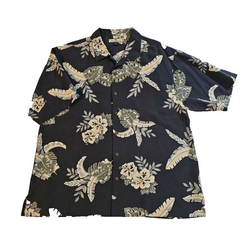 Tommy Bahama Hawaiian Silk Shirt Gray Short‎ Sleeve Green Cream Floral Leaves XL